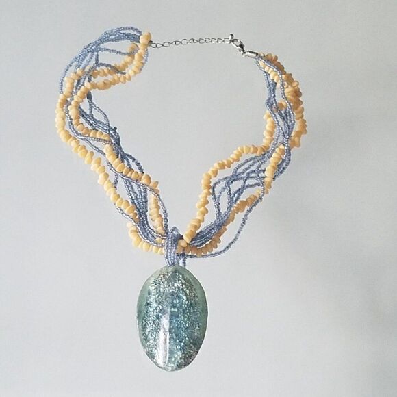 Beaded Statement Necklace Multi Strand White and Blue Accent Fashion Mod - Picture 2 of 7